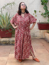 Ivory Red Leafy Motif Hand-Blocked Kaftan with V-Neck, Cinched Waist and Available in both Knee and Ankle Length