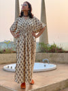 Cream Floral Motif Hand-Blocked Kaftan with V-Neck, Cinched Waist and Available in both Knee and Ankle Length