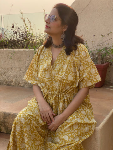 Mustard Lotus Motif Hand Block Printed Caftan with V-Neck, Cinched Waist and Available in both Knee and Ankle Length