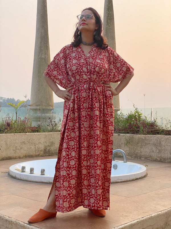 Red Lotus Motif Hand Block Printed Caftan with V-Neck, Cinched Waist and Available in both Knee and Ankle Length