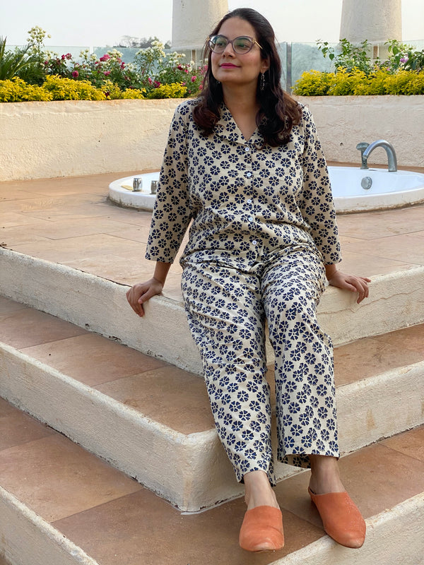 Ivory Blue Floral Motif Hand Block Printed Pjs | Organic Cotton Notched Collared Front Buttoned Pajama Set | Available in both shorts and pants style