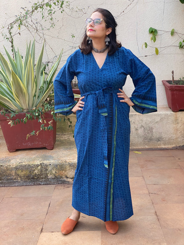Indigo Blue Geometric Motif Hand Block Printed Kimono Robe | Available in both Knee and Ankle Length