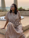 Ivory with Red leafy Motif Hand-Blocked Caftan with V-Neck, Cinched Waist and Available in both Knee and Ankle Length