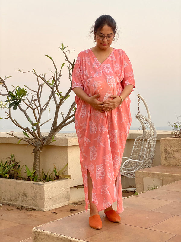Coral Owling Away Maternity "Stunningly Simple" Style Caftan | Soft Jersey Knit Organic Cotton | Maternity House Dress