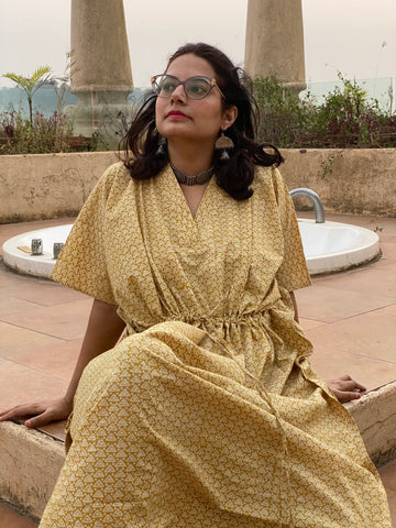 Yellow Triangle Motif Hand Block Printed Caftan with V-Neck, Cinched Waist and Available in both Knee and Ankle Length