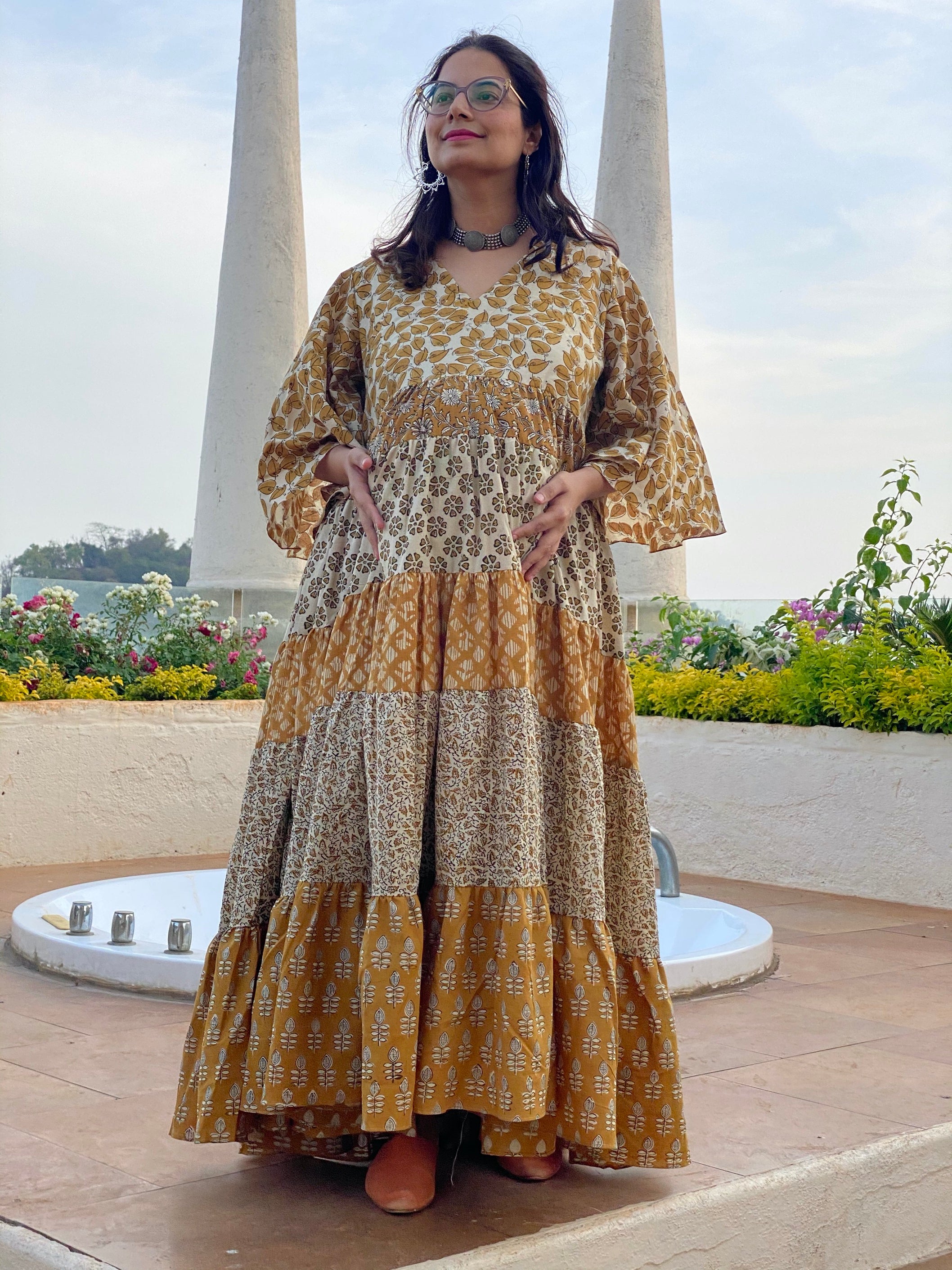 Mixed Patterns Gold and Ivory Hand-Block 5-Tier Maternity Dress Mixed Patterns Gold and Ivory Hand-Block 5-Tier Maternity Dress