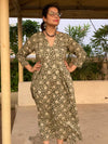 Green Lotus Motif Hand-Blocked Free Flow Dress | Available in both Knee and Ankle Length