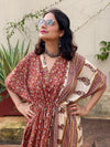 Red Mustard Floral Bordered Hand Block Printed Caftan with V-Neck, Cinched Waist and Available in both Knee and Ankle Length