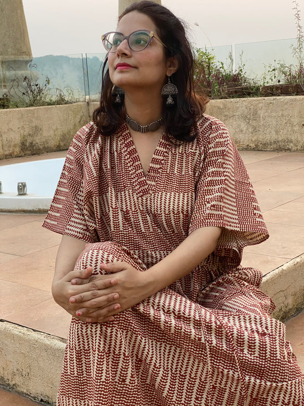 Red Geometric Motif Hand-Blocked Caftan with V-Neck, Cinched Waist and Available in both Knee and Ankle Length