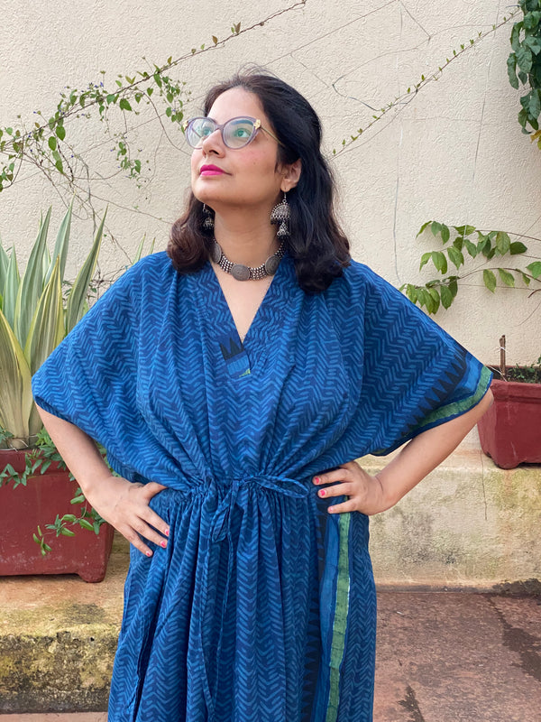Indigo Blue Bordered Hand Block Printed Caftan with V-Neck, Cinched Waist and Available in both Knee and Ankle Length