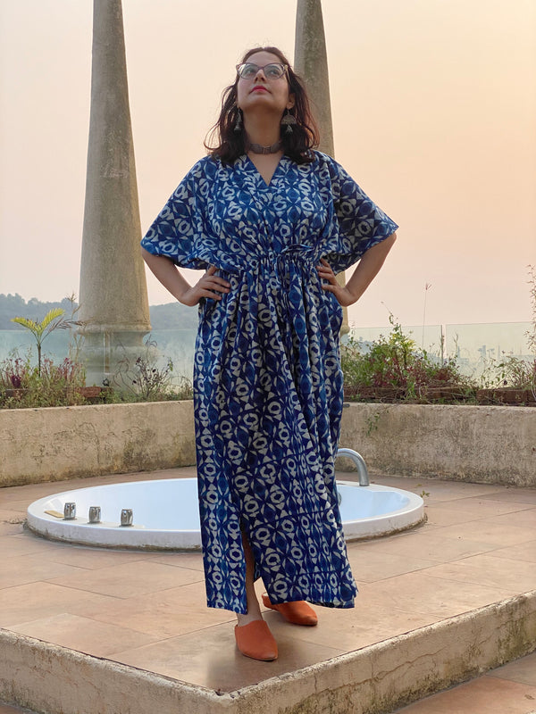 Indigo Blue Geometrical Motif Hand-Blocked Caftan with V-Neck, Cinched Waist and Available in both Knee and Ankle Length