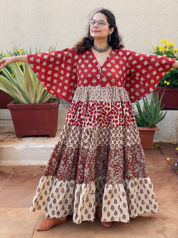Ivory Red Mixed Hand Block Printed Front Buttoned 5 Tiered Dress