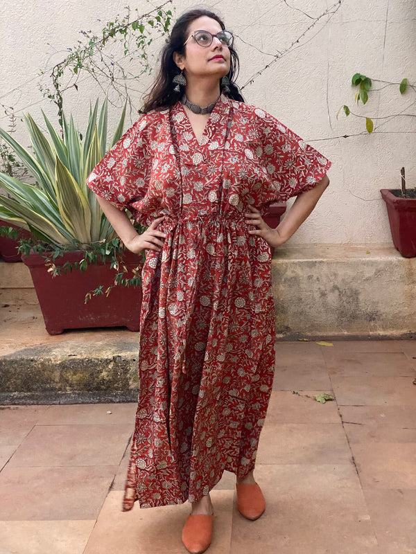 Red Floral Motif Hand-Blocked Caftan with V-Neck, Cinched Waist and Available in both Knee and Ankle Length