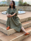 Green Diamond Motif Hand-Blocked Caftan with V-Neck, Cinched Waist and Available in both Knee and Ankle Length