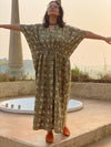 Green Lotus Flower Motif Hand-Blocked Kaftan with V-Neck, Cinched Waist and Available in both Knee and Ankle Length