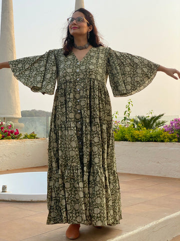 Green Lotus Motif Hand-Block Printed Tiered Dress