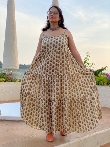 Spaghetti Ivory Gold Paisley Motif Hand-Block Printed Tiered Dress