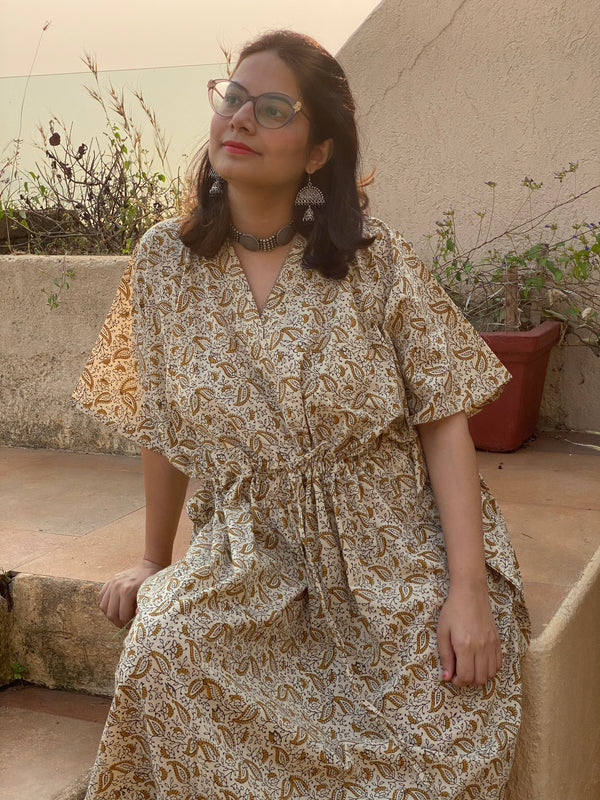 Cream Gold Paisley Motif Hand Block Printed Caftan with V-Neck, Cinched Waist and Available in both Knee and Ankle Length