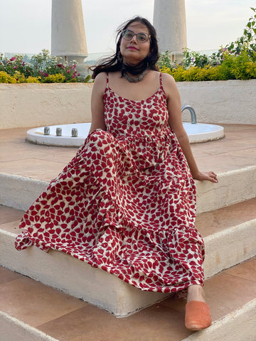Spaghetti Red Leafy Motif Hand-Block Printed Tiered Dress