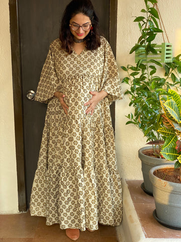 Ivory Gold Floral Motif Hand-Block Tiered Maternity Dress