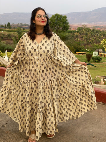 Ivory Black Paisley Motif Hand-Block Printed Front Buttoned Tiered Dress