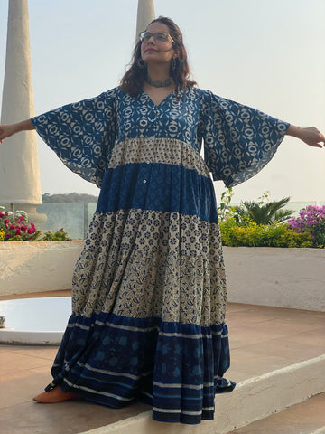 Indigo Blue and Ivory Mix 5 Tiered Dress in Hand-Block Print