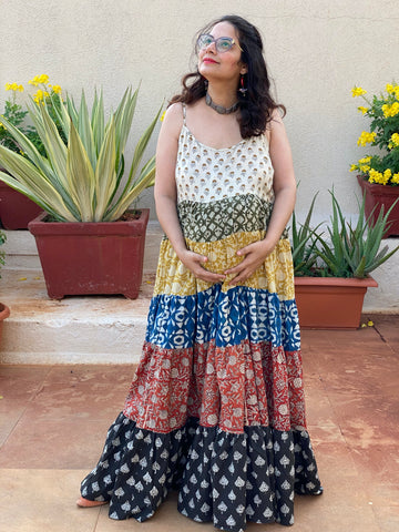 Mixed Patterns Hand-Block 5-Tier Spaghetti Maternity Dress