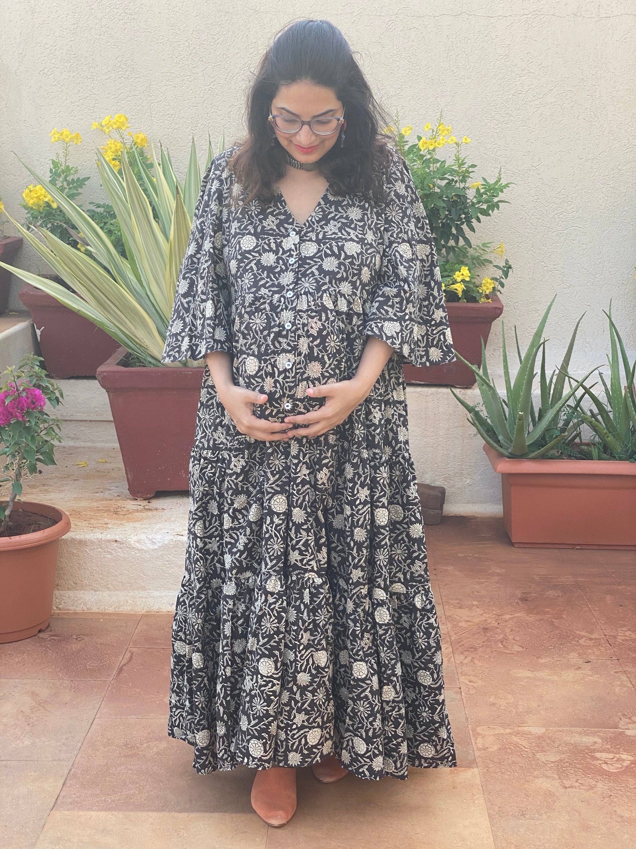 Black Floral Motif Hand-Block Tiered Maternity Dress Black Floral Motif Hand-Block Tiered Maternity Dress