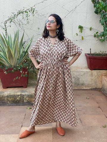 Ivory Red Floral Motif Hand Block Printed Caftan with V-Neck, Cinched Waist and Available in both Knee and Ankle Length