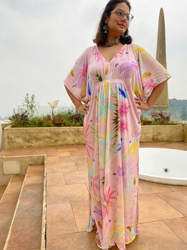 Floral Fantasy "Stunningly Simple" Style Caftan | Soft Jersey Knit Organic Cotton | Perfect Loungewear House Dress