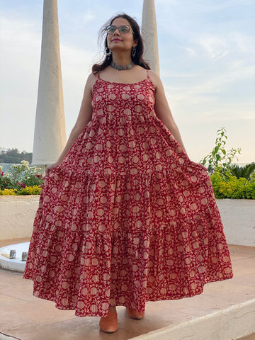 Spaghetti Red Lotus Motif Hand-Block Printed Tiered Dress