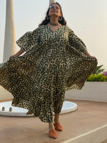 Ivory Green Leafy Motif Hand-Block Printed Front Buttoned Tiered Dress