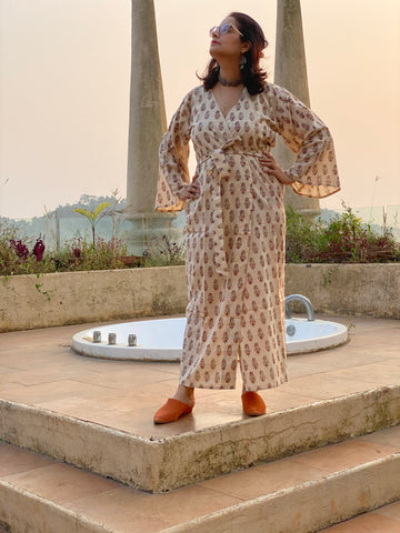 Ivory Red Floral Motif Hand Block Printed Kimono Robe | Available in both Knee and Ankle Length