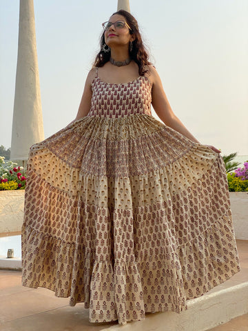 Ivory Mixed Patterns Hand Block Printed 5 Tiered Spaghetti Dress