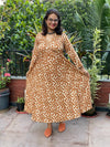 Cream Mustard Leafy Motif Hand-Blocked Free Flow Dress | Available in both Knee and Ankle Length