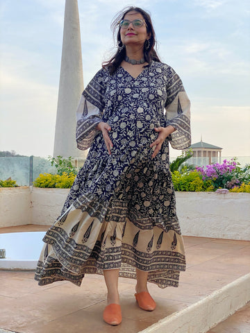 Black Bordered Hand-Block Tiered Maternity Dress