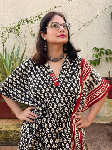 Black Red Bordered Hand Block Printed Caftan with V-Neck, Cinched Waist and Available in both Knee and Ankle Length
