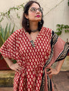 Red Black Bordered Hand Block Printed Caftan with V-Neck, Cinched Waist and Available in both Knee and Ankle Length