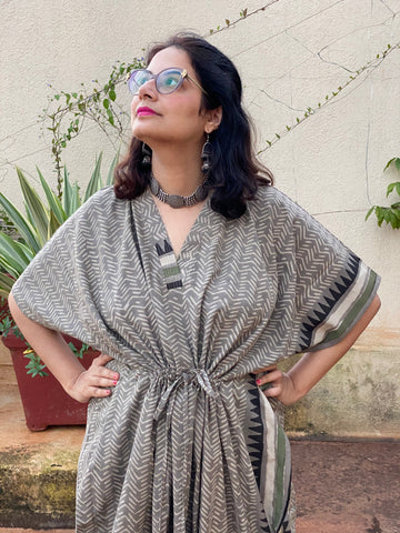 Gray Geometric Motif Bordered Hand Block Printed Caftan with V-Neck, Cinched Waist and Available in both Knee and Ankle Length