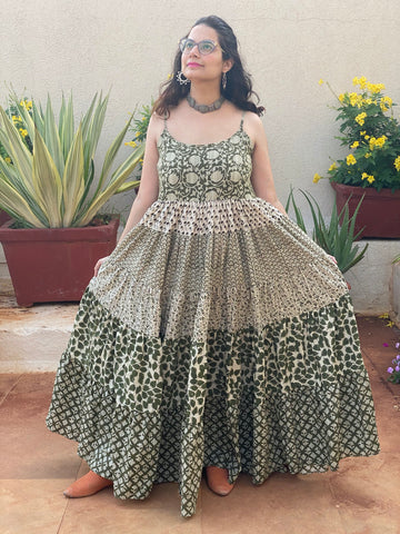 Ivory Green Mixed Hand Block Printed 5 Tiered Spaghetti Dress