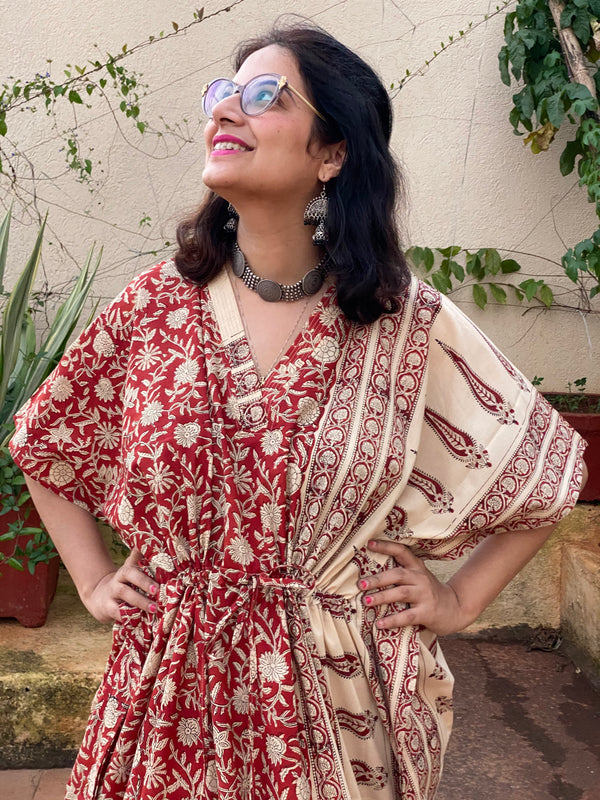 Red Floral Leafy Bordered Hand Block Printed Caftan with V-Neck, Cinched Waist and Available in both Knee and Ankle Length