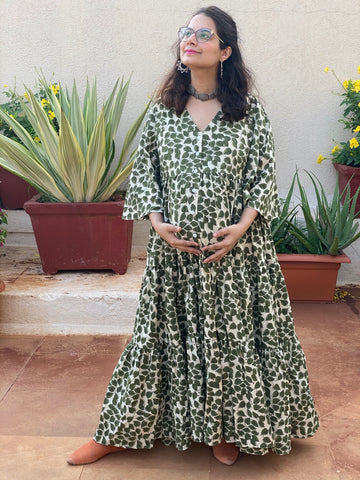 Ivory Green Leafy Motif Hand-Block Tiered Maternity Dress