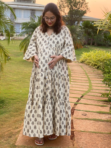 Ivory Paisley Motif Hand-Block Tiered Front Buttoned Maternity Dress