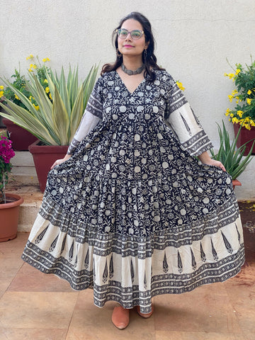 Black Floral Bordered Hand-Block Tiered Dress