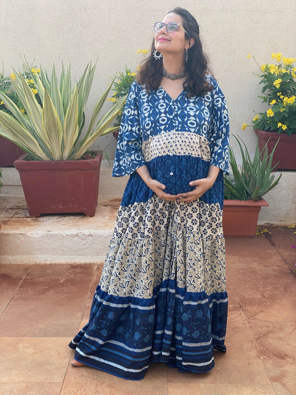 Mixed Patterns Blue and Ivory Hand-Block 5-Tier Maternity Dress