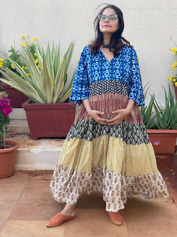 Mixed Patterns Hand-Block 5-Tier Maternity Dress