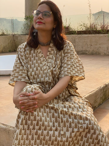 Ivory Mustard Tiny Tree Motif Hand Block Printed Caftan with V-Neck, Cinched Waist and Available in both Knee and Ankle Length