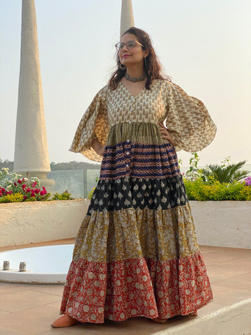 Mixed Colors Hand Block Printed Front Buttoned 5 Tiered Dress