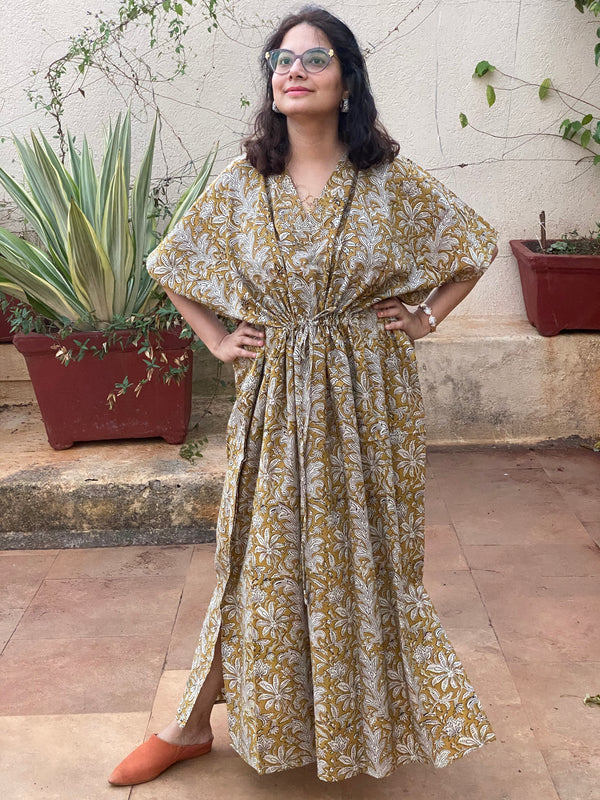 Mustard Floral Motif Hand-Blocked Caftan with V-Neck, Cinched Waist and Available in both Knee and Ankle Length