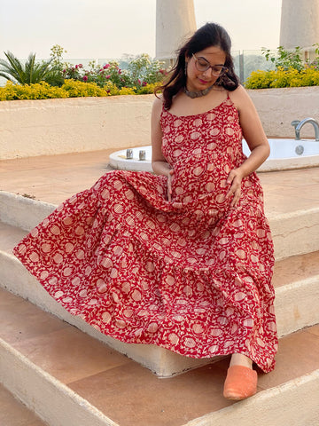 Red Lotus Motif Hand-Block Tiered Maternity Spaghetti Dress